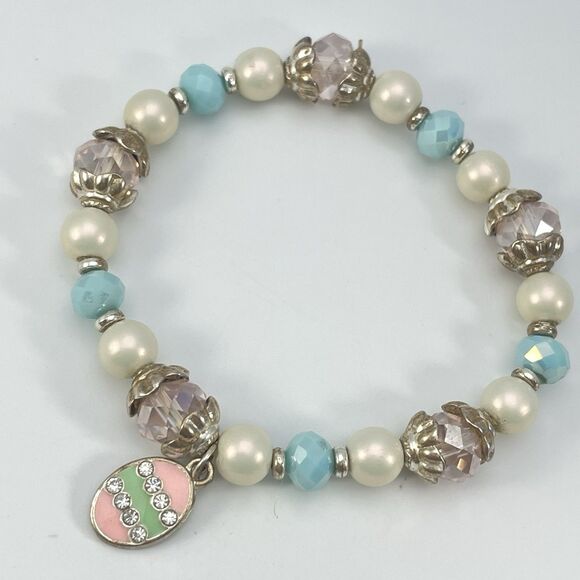 Easter Glass Faux Pearl Beaded Egg Charm Bracelet Stretch Cute Holiday Spring - Picture 2 of 6